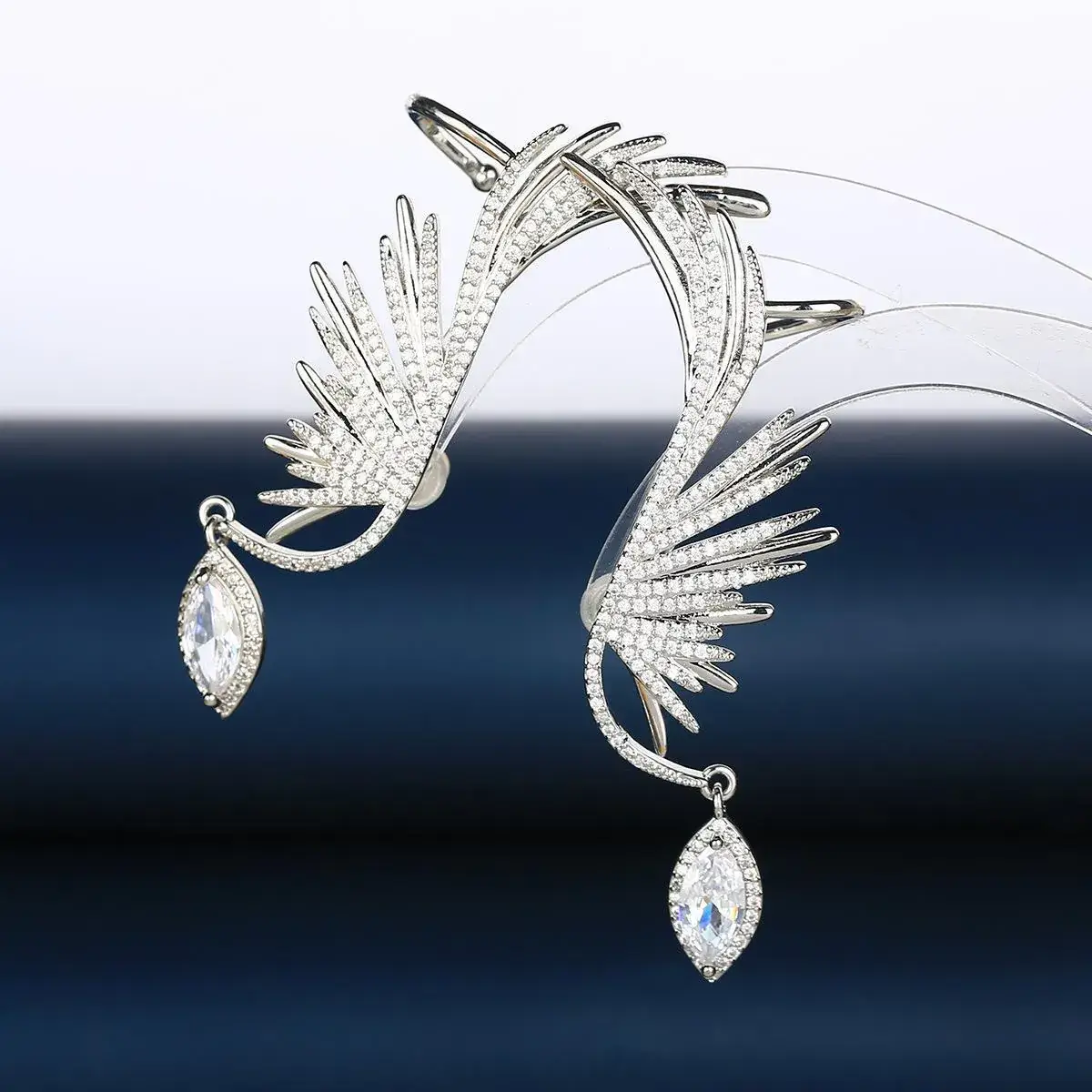Water Drop Earrings Super Fairy Feather Net Red Women's Earrings s925 Silver Needle Angel Wings Personalized Ear Bone Clip Micro-inlaid Zircon - Image 3