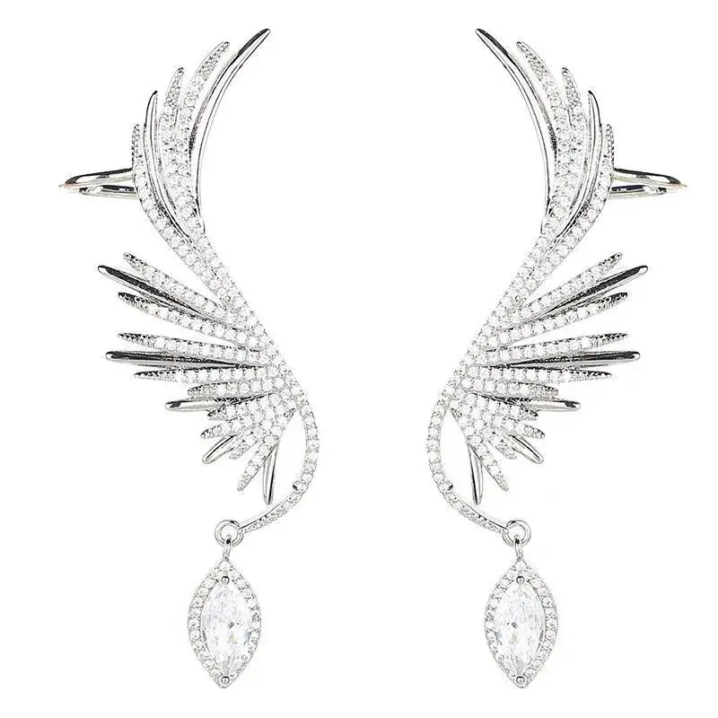 Water Drop Earrings Super Fairy Feather Net Red Women's Earrings s925 Silver Needle Angel Wings Personalized Ear Bone Clip Micro-inlaid Zircon - Image 5