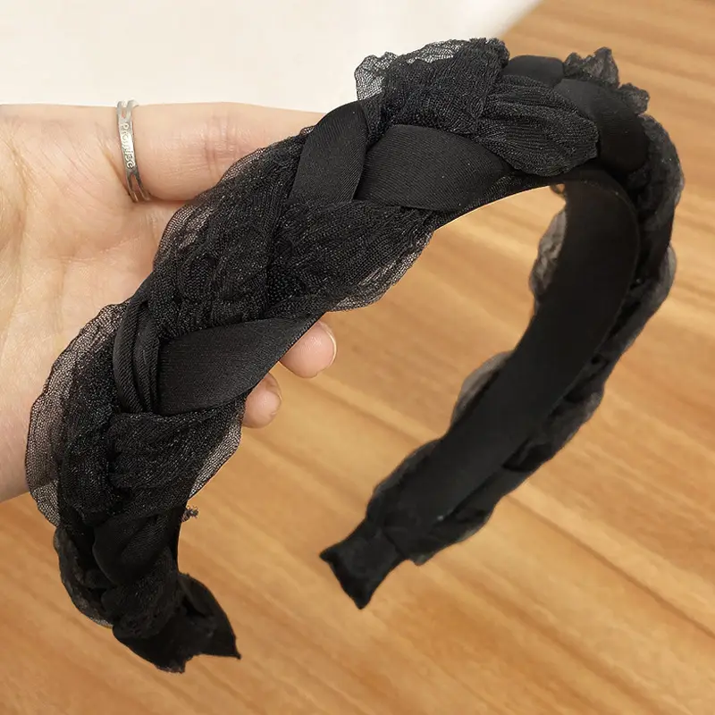 Elegant Braided Organza Headband Black Beige - Image 5