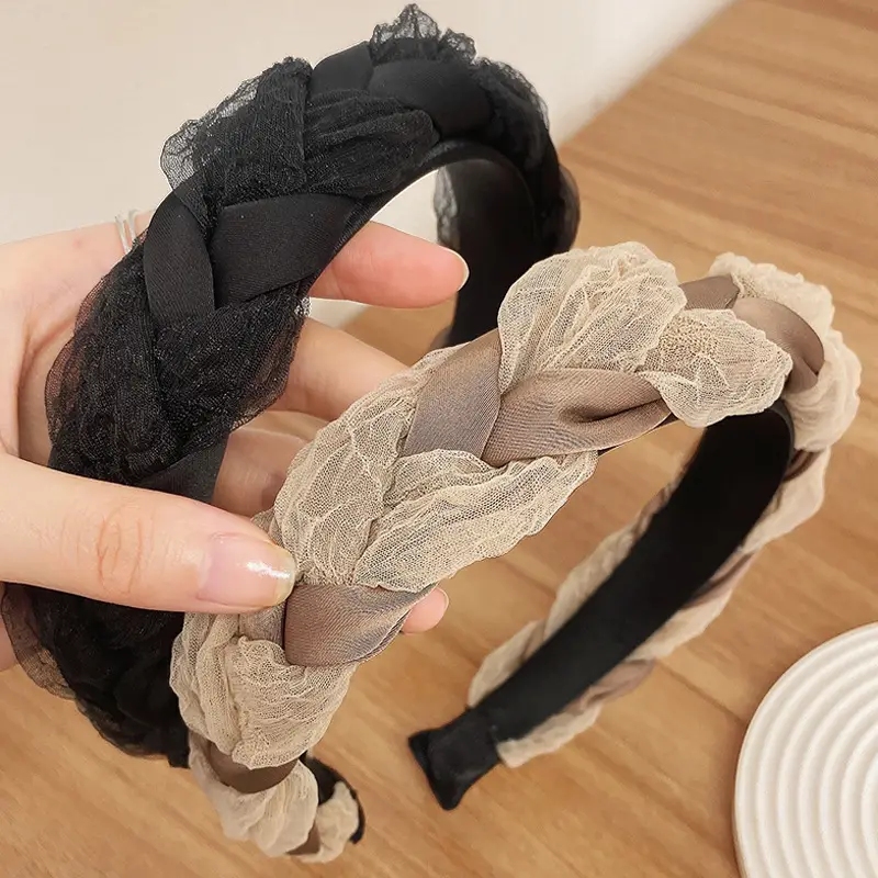 Elegant Braided Organza Headband Black Beige - Image 6