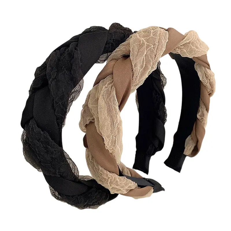 Elegant Braided Organza Headband Black Beige - Image 7