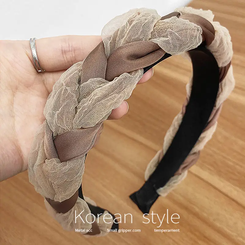 Elegant Braided Organza Headband Black Beige - Image 2