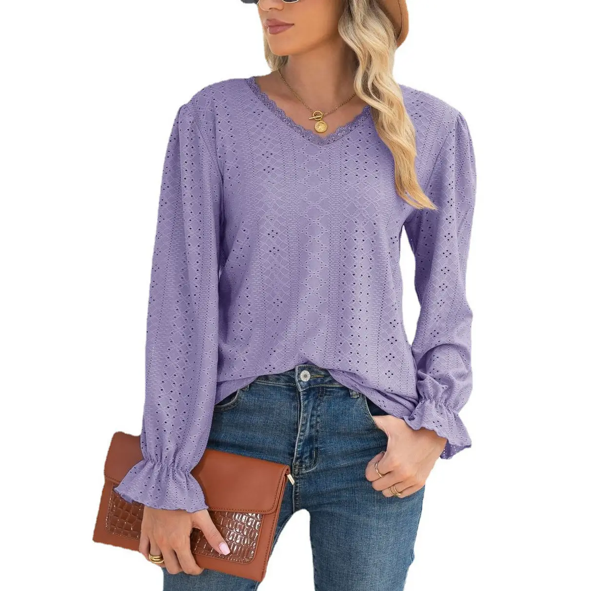 Women Long Sleeve Hollow Lace Top Purple - Image 5