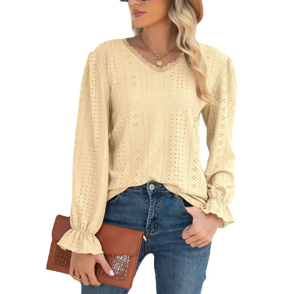 Women Long Sleeve Hollow Lace Top Purple - Image 4