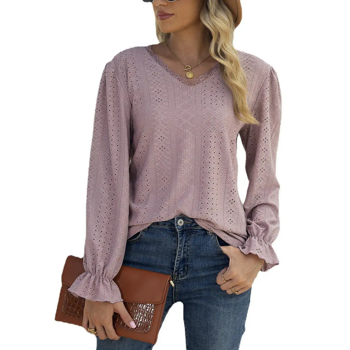 Women Long Sleeve Hollow Lace Top Purple - Image 7