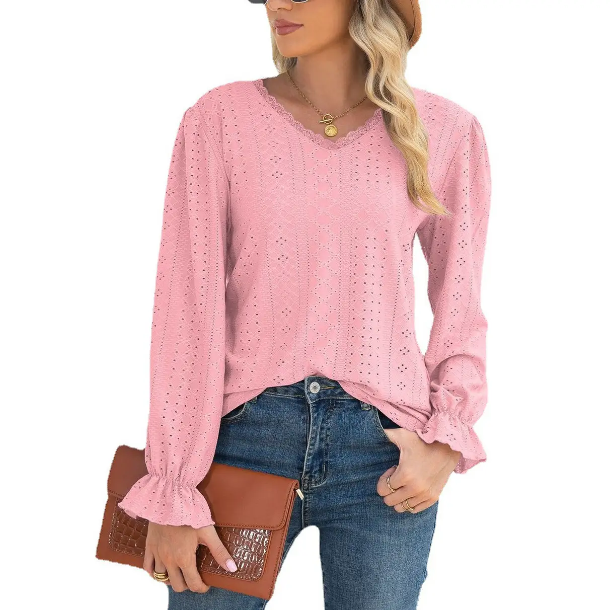 Women Long Sleeve Hollow Lace Top Purple - Image 6