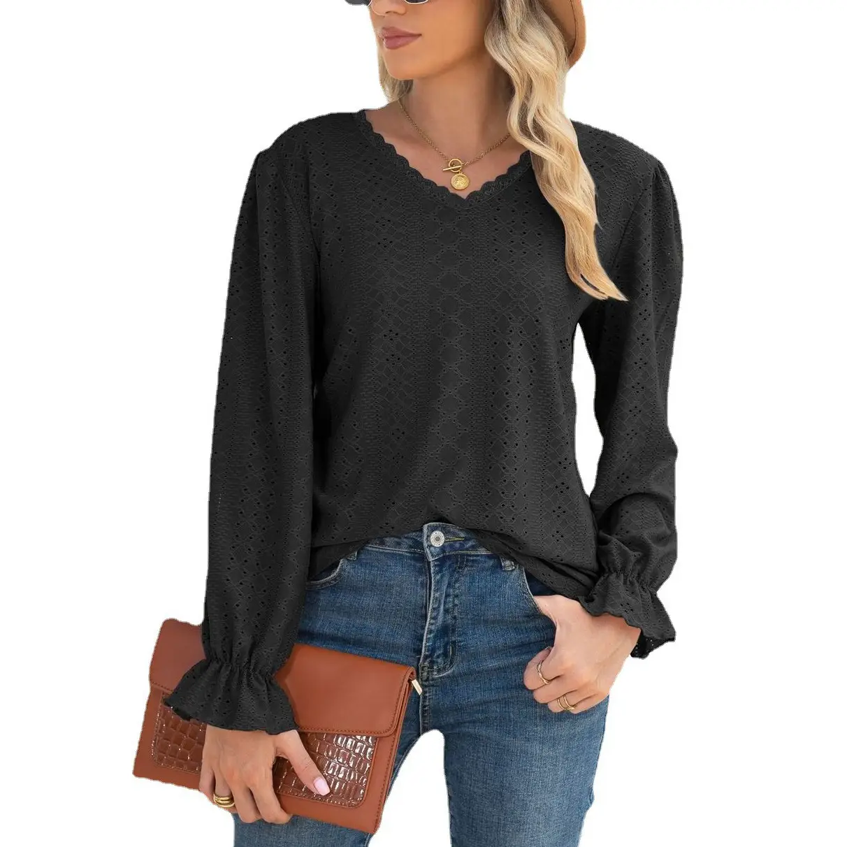 Women Long Sleeve Hollow Lace Top Purple - Image 2