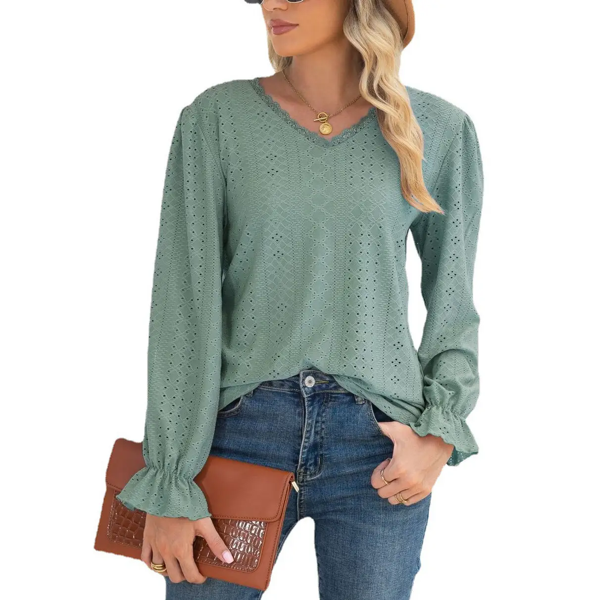 Women Long Sleeve Hollow Lace Top Purple - Image 3