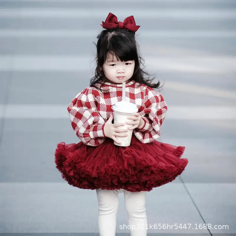 Girls Red Plaid Tutu Skirt Mesh Dress