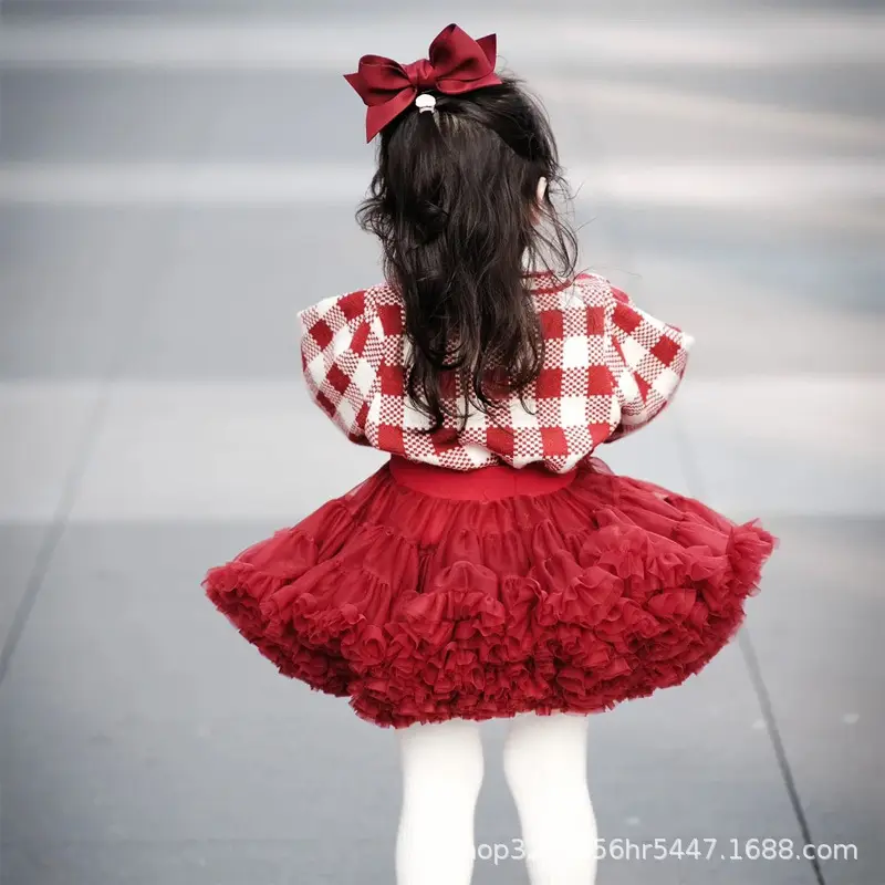 Girls Red Plaid Tutu Skirt Mesh Dress