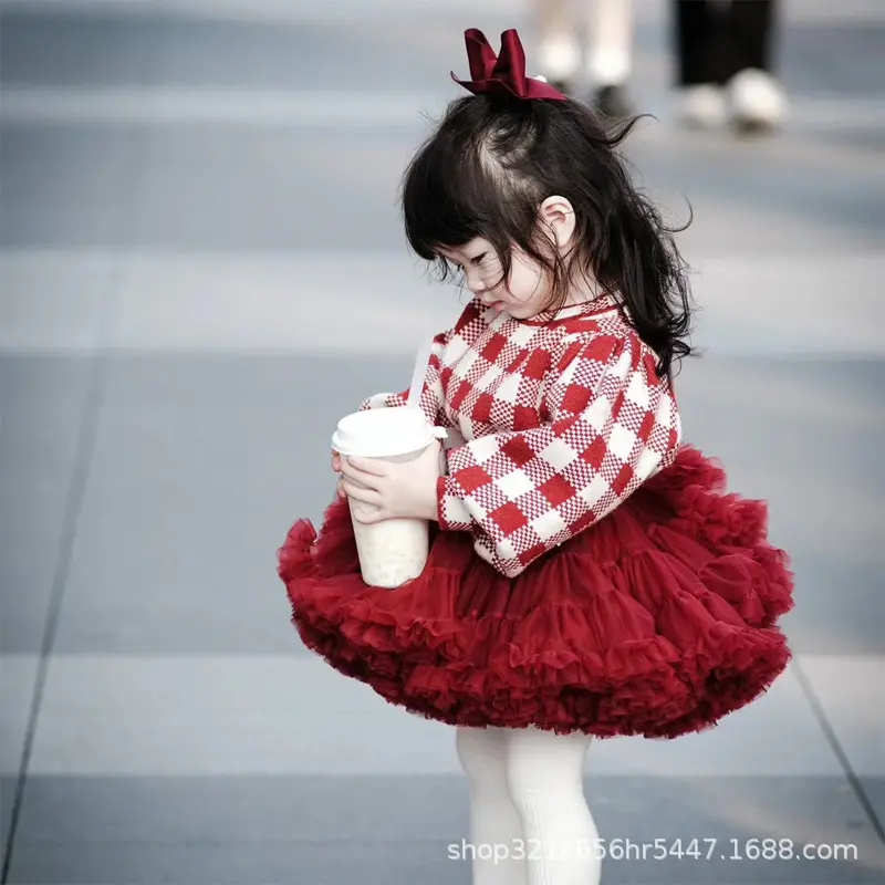 Girls Red Plaid Tutu Skirt Mesh Dress