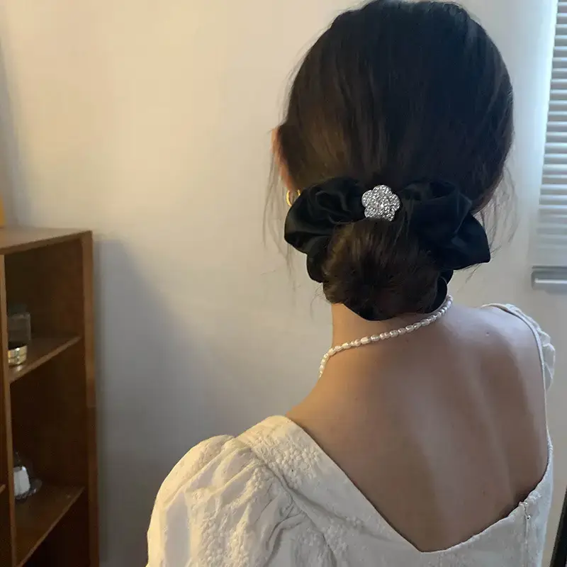 Black Camellia Hair Clip with Diamond Back Clip - Image 2