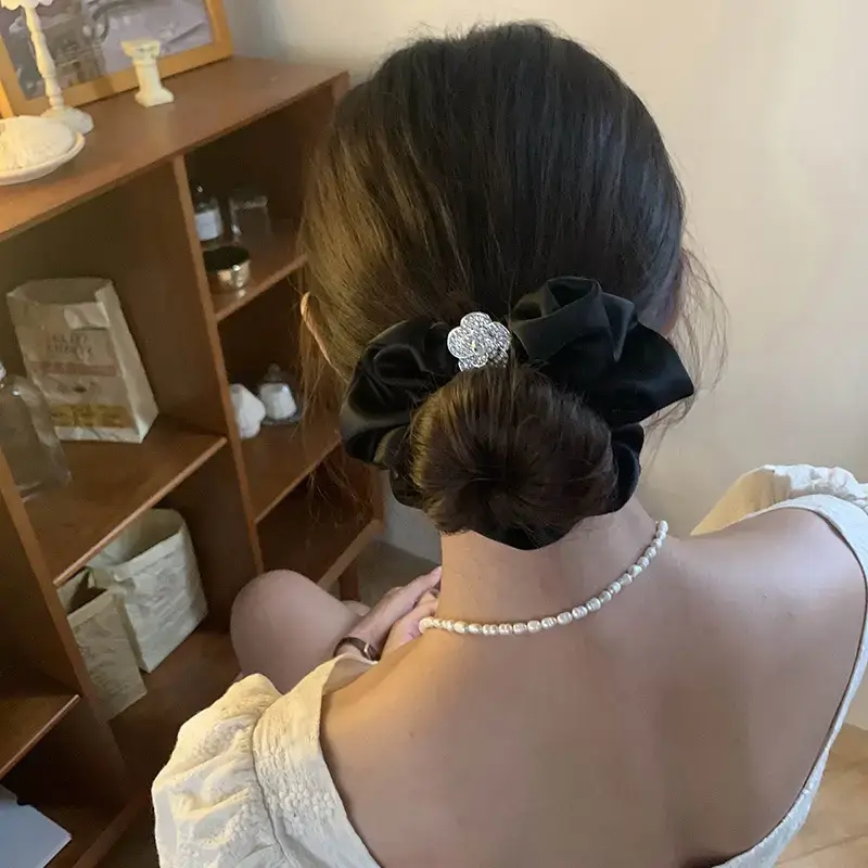 Black Camellia Hair Clip with Diamond Back Clip - Image 3