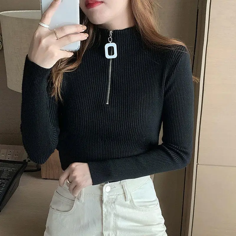 Women's White Knit Half Collar Long Sleeve Shirt 2023 - Image 11