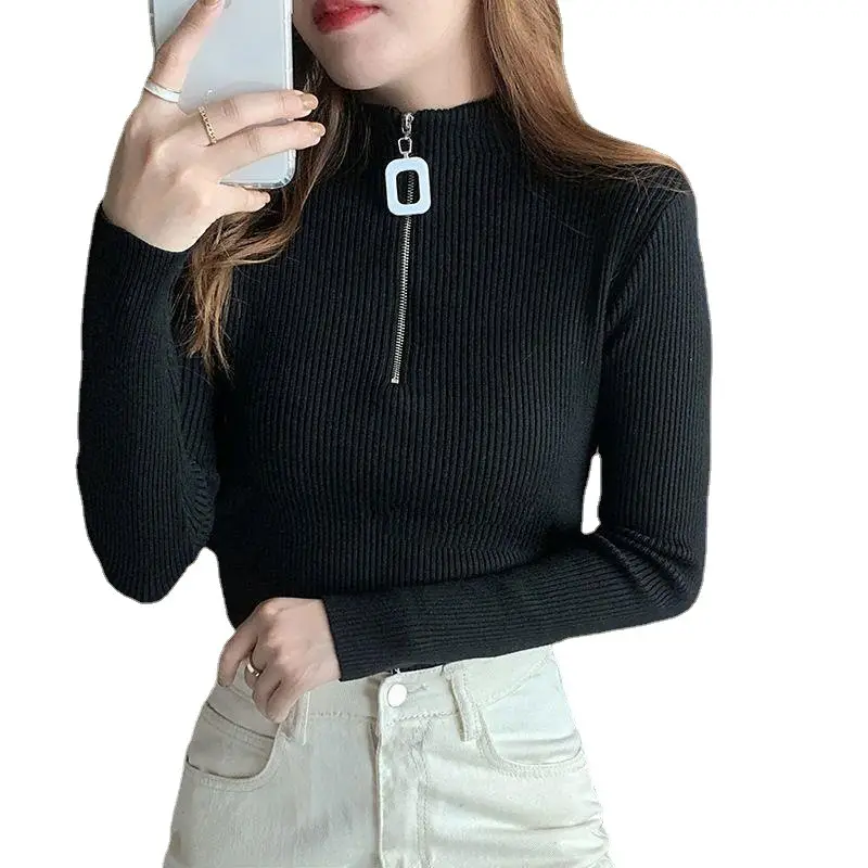 Women's White Knit Half Collar Long Sleeve Shirt 2023 - Image 13