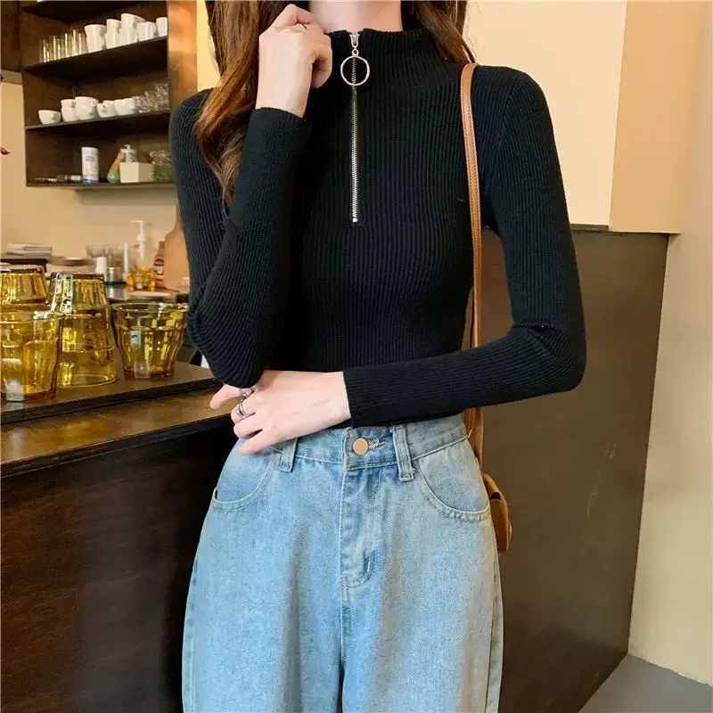 Women's White Knit Half Collar Long Sleeve Shirt 2023 — feature 11