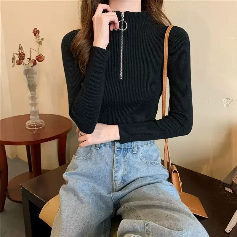 Women's White Knit Half Collar Long Sleeve Shirt 2023 — feature 9