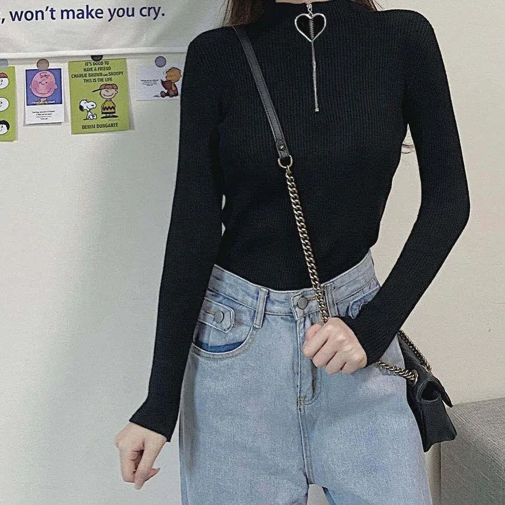 Black Slim Zipper Half High Collar Top - Image 9