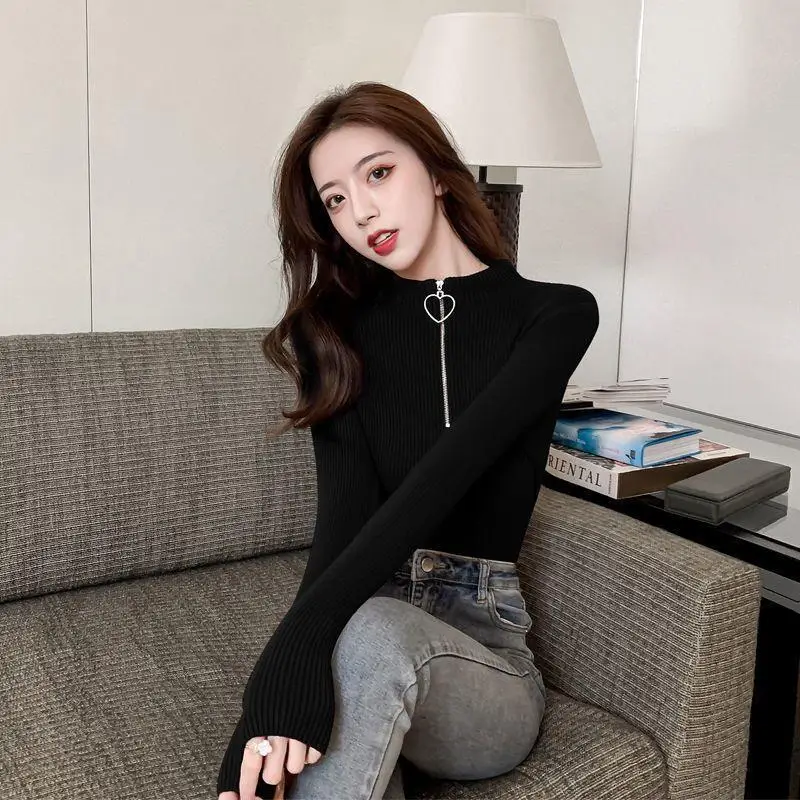 Black Slim Zipper Half High Collar Top - Image 11