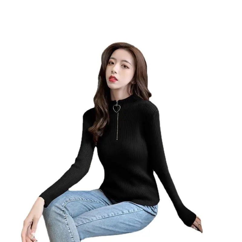 Black Slim Zipper Half High Collar Top - Image 13