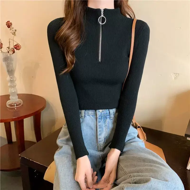 Black Slim Zipper Half High Collar Top — feature 11