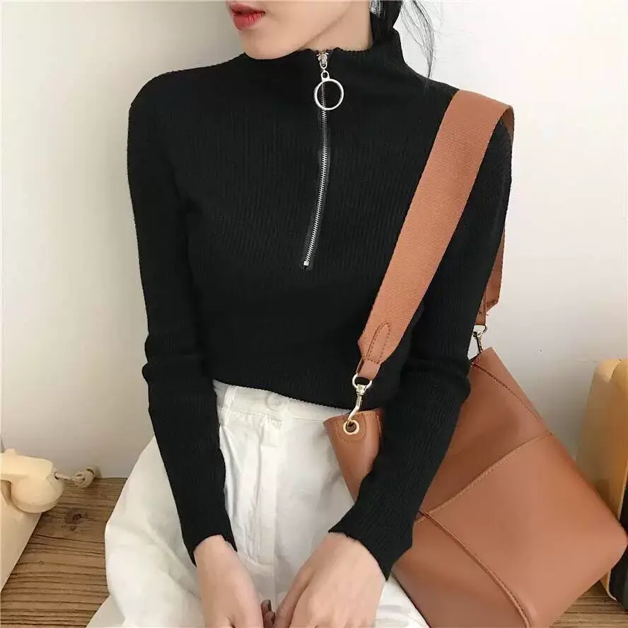Black Slim Zipper Half High Collar Top — feature 9