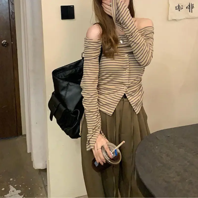 Women Striped One Shoulder Top with Drawstring Front & Long Sleeve - Image 3