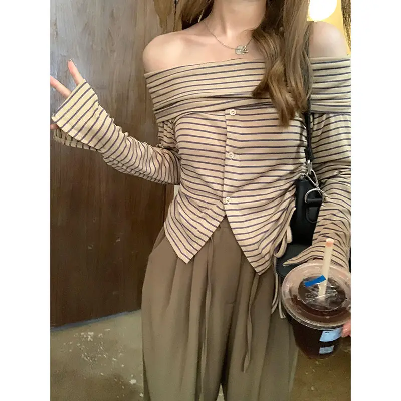 Women Striped One Shoulder Top with Drawstring Front & Long Sleeve - Image 4