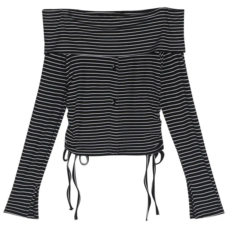 Women Striped One Shoulder Top with Drawstring Front & Long Sleeve - Image 6