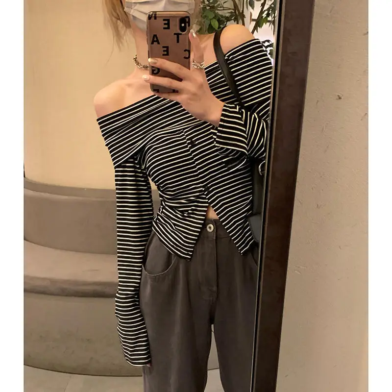 Women Striped One Shoulder Top with Drawstring Front & Long Sleeve — feature 3