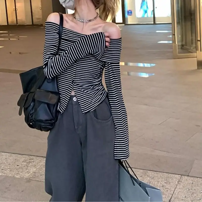Women Striped One Shoulder Top with Drawstring Front & Long Sleeve — feature 5