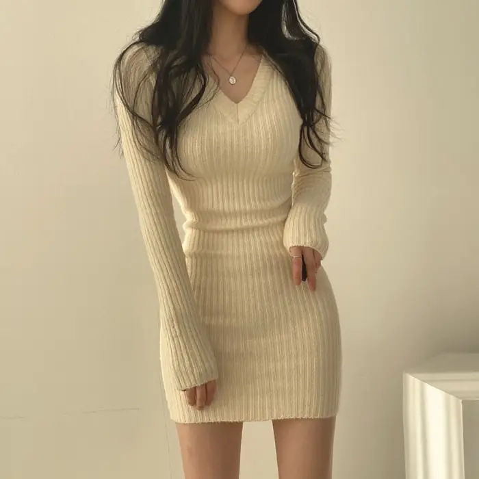 Women Knitted V-Neck Hip Skirt Dress Beige - Image 3