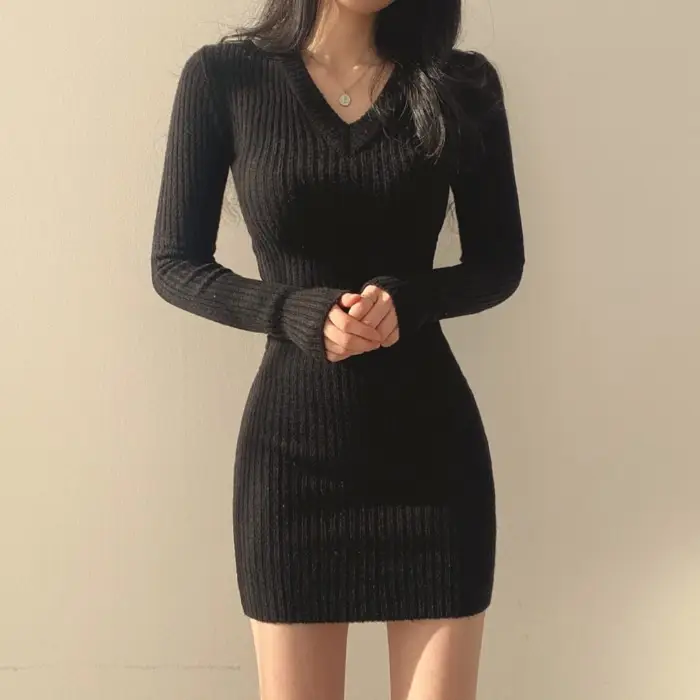 Women Knitted V-Neck Hip Skirt Dress Beige - Image 2
