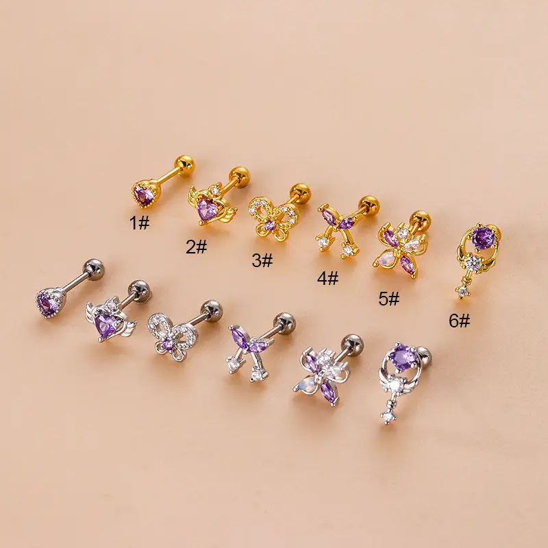 Purple Zircon Love Bowknot Ear Bone Nail Double Head Screw Stainless Steel Thin Rod Cartilage Ear Nail Fashion Puncture Earrings - Image 2