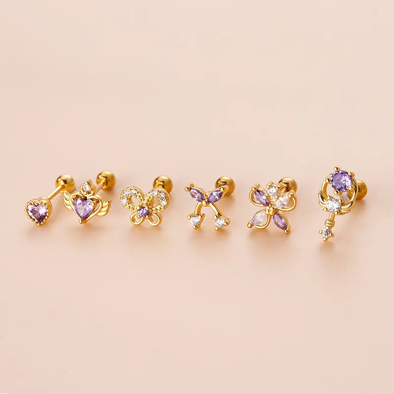 Purple Zircon Love Bowknot Ear Bone Nail Double Head Screw Stainless Steel Thin Rod Cartilage Ear Nail Fashion Puncture Earrings - Image 3