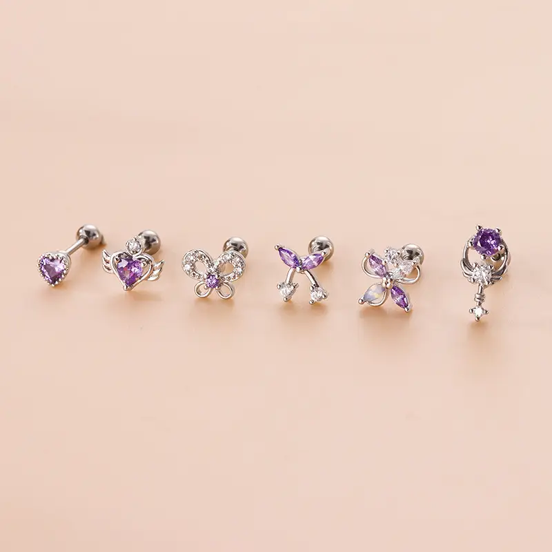 Purple Zircon Love Bowknot Ear Bone Nail Double Head Screw Stainless Steel Thin Rod Cartilage Ear Nail Fashion Puncture Earrings - Image 4