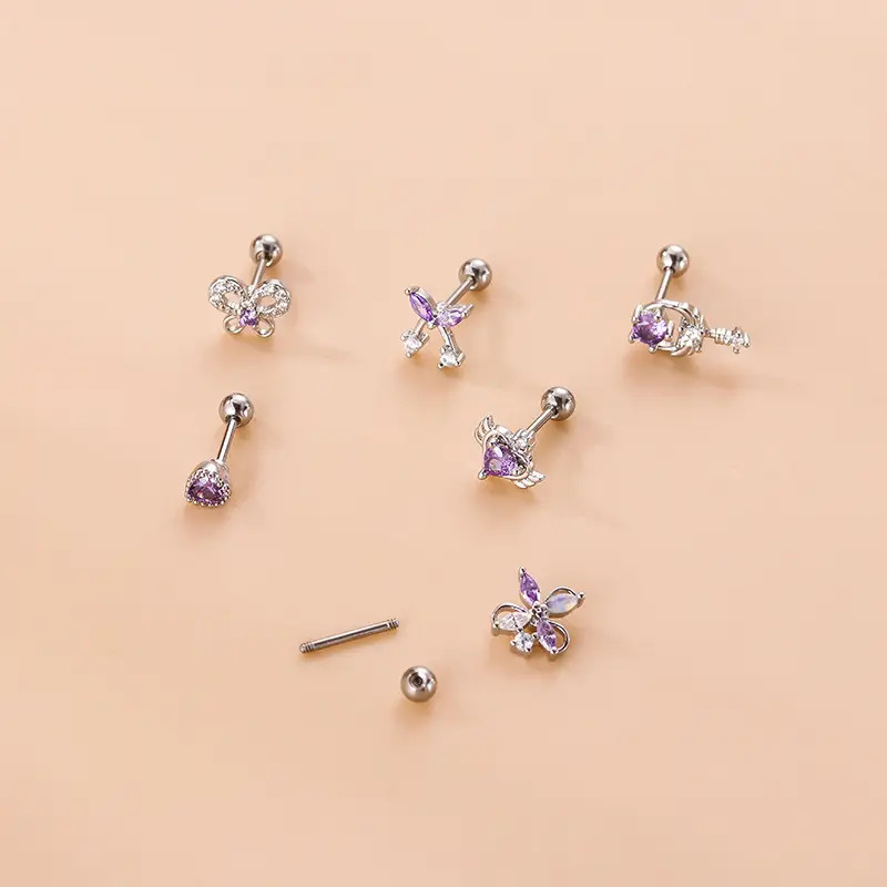 Purple Zircon Love Bowknot Ear Bone Nail Double Head Screw Stainless Steel Thin Rod Cartilage Ear Nail Fashion Puncture Earrings - Image 5