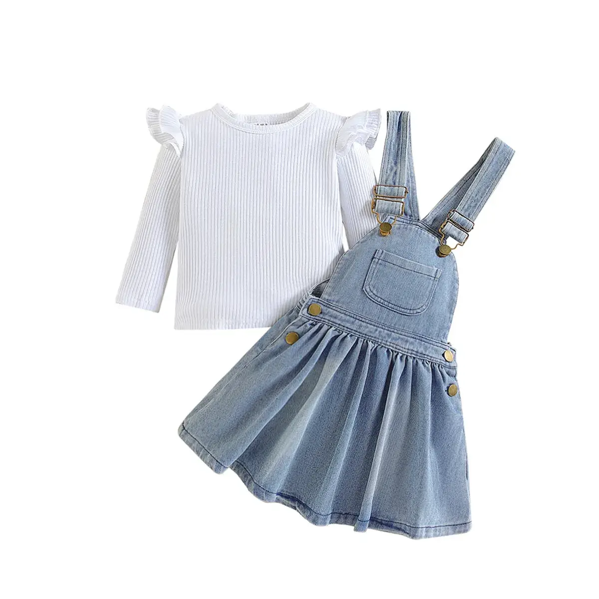 European and American children's clothing girls spring and autumn set White pit top denim strap skirt children's two-piece set a generation of hair
