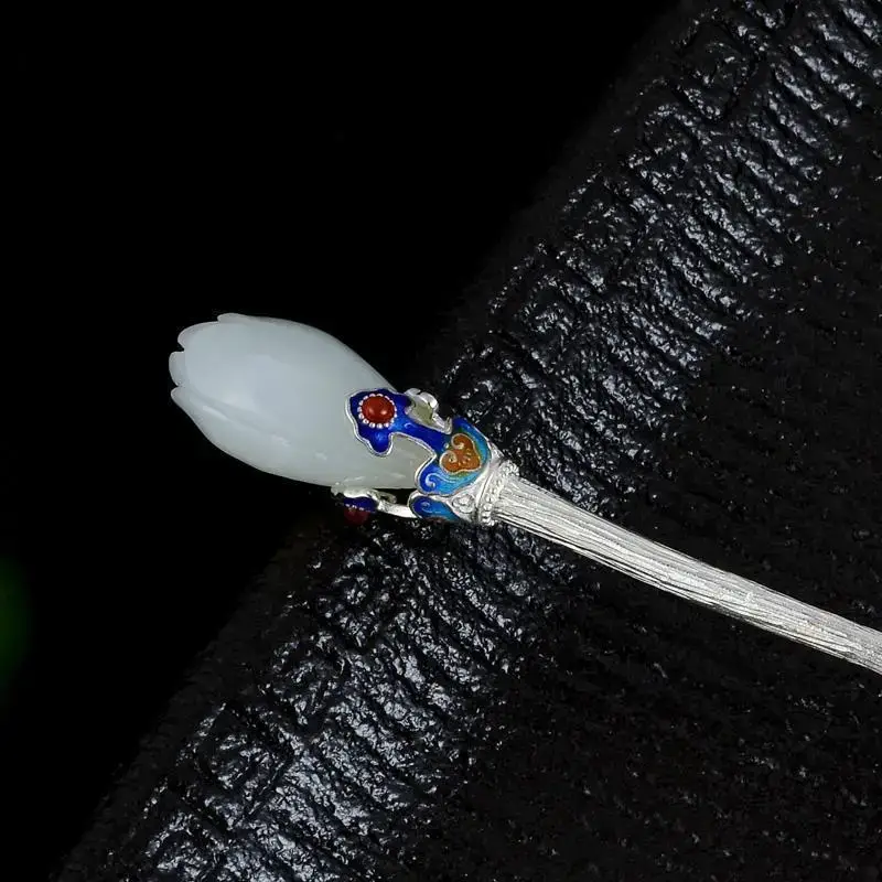 Ethnic Style Magnolia Orchid White Jade Sterling Silver S925 Hairpin Women's Hanfu Headwear Plate Hairpin Cloisonne Hair Jewelry Cheongsam