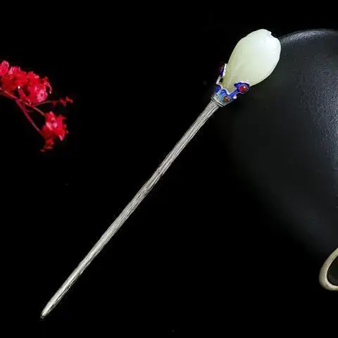 Ethnic Style Magnolia Orchid White Jade Sterling Silver S925 Hairpin Women's Hanfu Headwear Plate Hairpin Cloisonne Hair Jewelry Cheongsam