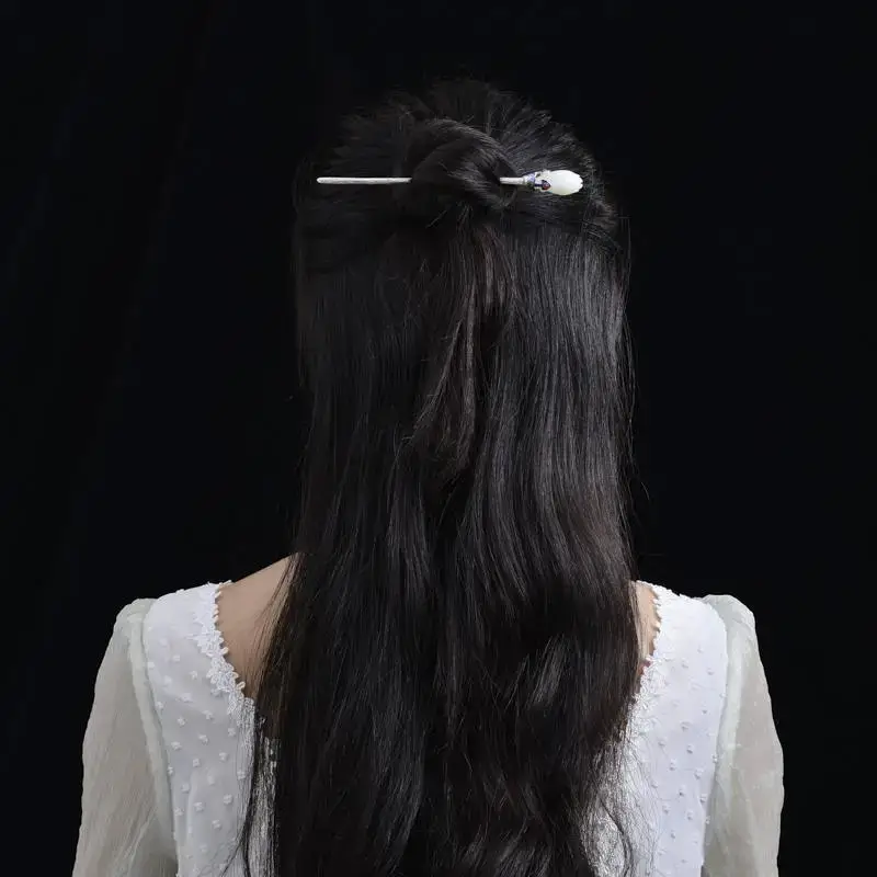 Ethnic Style Magnolia Orchid White Jade Sterling Silver S925 Hairpin Women's Hanfu Headwear Plate Hairpin Cloisonne Hair Jewelry Cheongsam