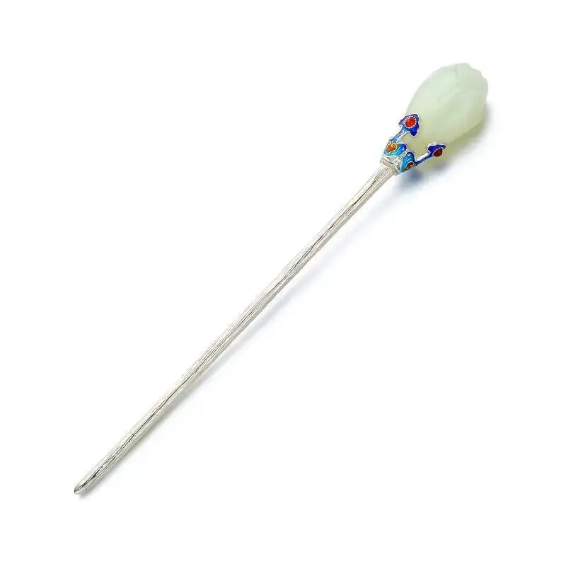 Ethnic Style Magnolia Orchid White Jade Sterling Silver S925 Hairpin Women's Hanfu Headwear Plate Hairpin Cloisonne Hair Jewelry Cheongsam