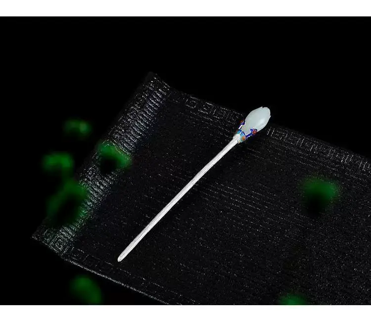 Ethnic Style Magnolia Orchid White Jade Sterling Silver S925 Hairpin Women's Hanfu Headwear Plate Hairpin Cloisonne Hair Jewelry Cheongsam — feature 3