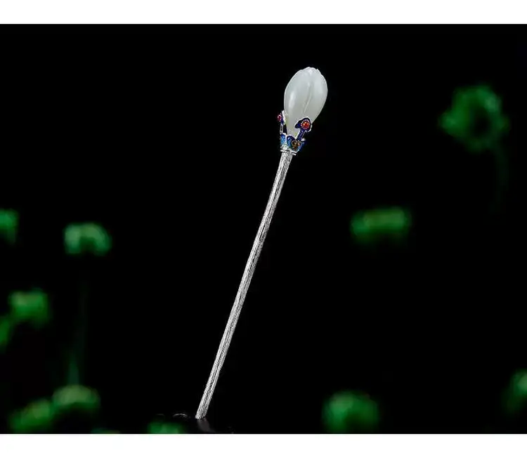 Ethnic Style Magnolia Orchid White Jade Sterling Silver S925 Hairpin Women's Hanfu Headwear Plate Hairpin Cloisonne Hair Jewelry Cheongsam — feature 5