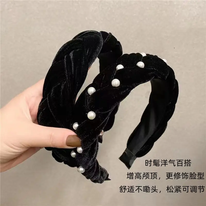 Black Velvet Twist Hairband for Women with Pearl Accents