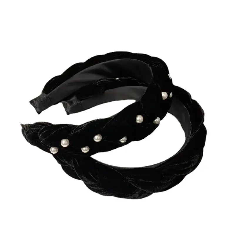 Black Velvet Twist Hairband for Women with Pearl Accents