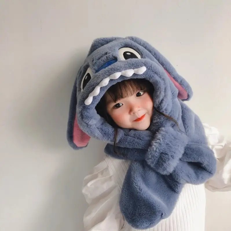 Kids Stitch Hooded Wool Winter Hat Blue