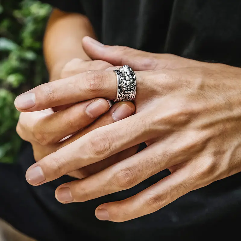 Wealth God Spell Ring Sterling Silver Men's Retro Open Ring - Image 4