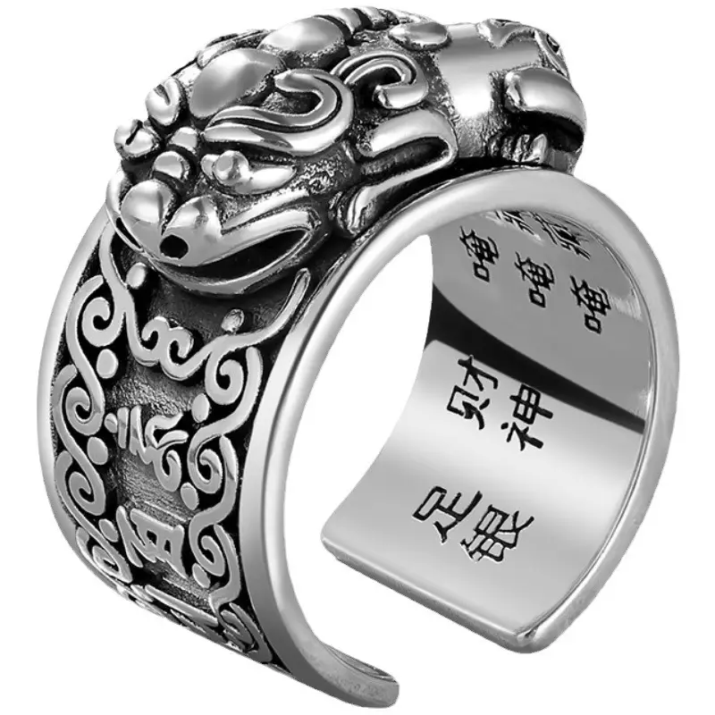 Wealth God Spell Ring Sterling Silver Men's Retro Open Ring - Image 5