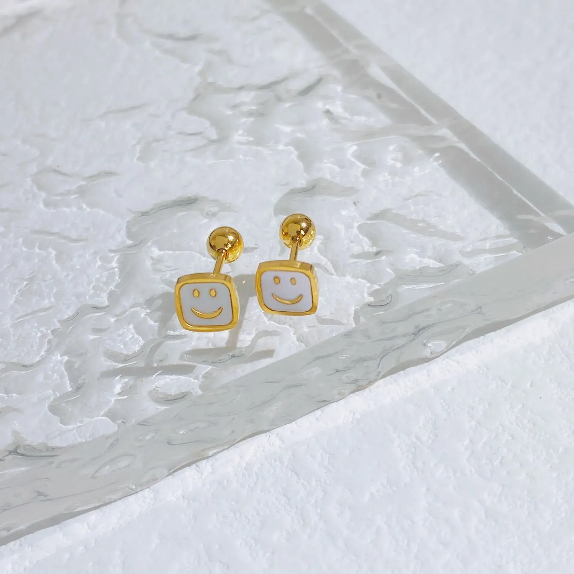 Titanium Steel K Gold Mini Smiley Earrings - Image 3